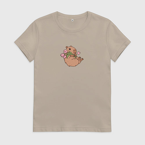 Женская футболка Милая капибара с цветами / Миндальный – фото 1