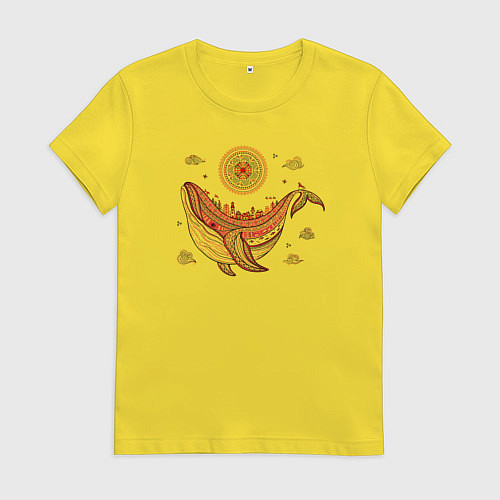 Женская футболка Кит и солнце в стиле мезенской росписи / Желтый – фото 1