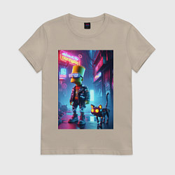 Футболка хлопковая женская Барт Симпсон гуляет с роботом котом в ночном город, цвет: миндальный