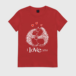 Футболка хлопковая женская Милые влюбленные ёжики, цвет: красный