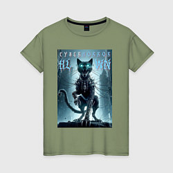 Футболка хлопковая женская Cyber black cat - halloween horror fantasy, цвет: авокадо