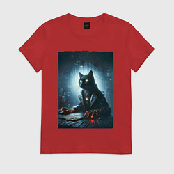Женская футболка Кибер кот за компьютером - неоновое свечение