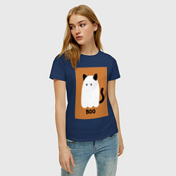 Футболка хлопковая женская Котик-призрак на хэллоуин, цвет: тёмно-синий — фото 2