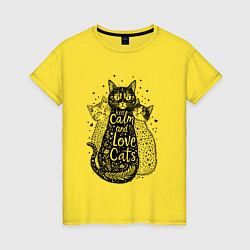 Футболка хлопковая женская Keep calm and love cats, цвет: желтый