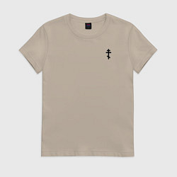 Футболка хлопковая женская Мы русские с нами Бог малый крест черный, цвет: миндальный