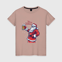 Футболка хлопковая женская Merry Christmas Santa beer, цвет: пыльно-розовый