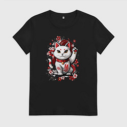 Футболка хлопковая женская Манеки Неко, белая кошка удачи, цвет: черный