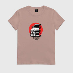 Женская футболка Nissan skyline на фоне солнца