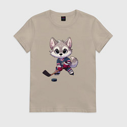 Футболка хлопковая женская Волчонок хоккейный форвард - нейроарт, цвет: миндальный