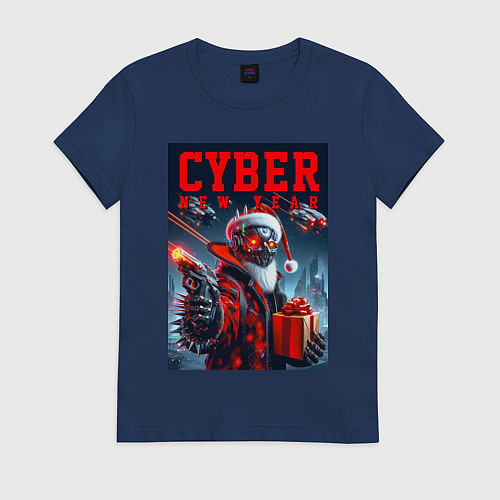 Женская футболка Cyber Santa with a gun - ai art / Тёмно-синий – фото 1