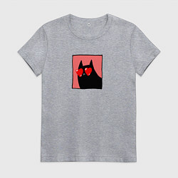 Футболка хлопковая женская Черный кот с глазами сердечками, цвет: меланж