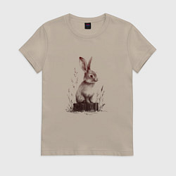Футболка хлопковая женская Кролик на пеньке, цвет: миндальный