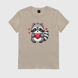 Футболка хлопковая женская Милый енотик с сердечком, цвет: миндальный