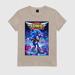 Футболка хлопковая женская Sonic racing team - hedgehog on a board, цвет: миндальный