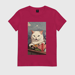 Футболка хлопковая женская Cat meme - japan style, цвет: маджента