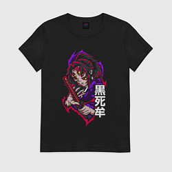 Футболка хлопковая женская Клинок, рассекающий демонов Кокушибо высшая луна, цвет: черный
