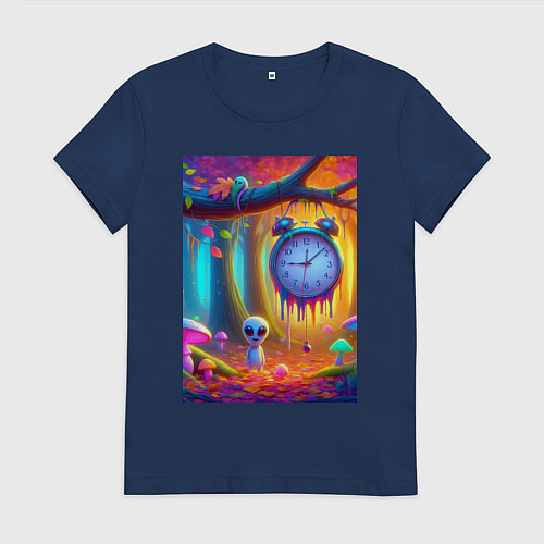 Женская футболка Психоделический осенний фрагмент с будильником / Тёмно-синий – фото 1