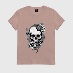 Футболка хлопковая женская Змея на черепе с цветами, цвет: пыльно-розовый