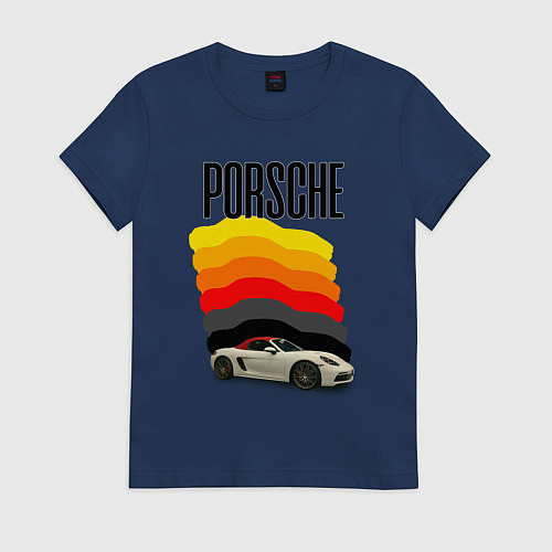 Женская футболка Автомобиль Porsche на фоне флага ФРГ / Тёмно-синий – фото 1