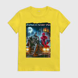 Футболка хлопковая женская Разговор Бэтмена и человека паука на капоте автомо, цвет: желтый