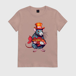 Футболка хлопковая женская Крыса с рыбой в японском стиле, цвет: пыльно-розовый