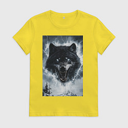 Футболка хлопковая женская Волк с оскаленной пастью, цвет: желтый