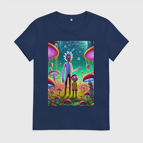 Женская футболка Morty and Rick on a neon planet / Тёмно-синий – фото 1