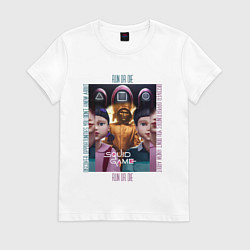 Футболка хлопковая женская Игра в кальмара на фоне кукол роботов, цвет: белый