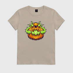 Футболка хлопковая женская Зловещая тыква, цвет: миндальный