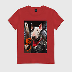 Женская футболка Бультерьер с бензопилой - нейроарт