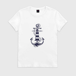 Футболка хлопковая женская Морская эмблема - якорь и маяк, цвет: белый