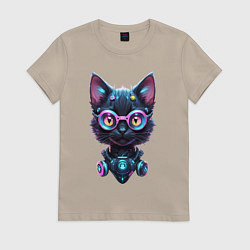 Женская футболка Прикольный котёнок - киберпанк