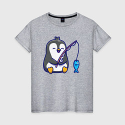 Футболка хлопковая женская Пингвинёнок рыбак, цвет: меланж