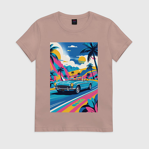 Женская футболка Кабриолет едет по тропическому острову / Пыльно-розовый – фото 1