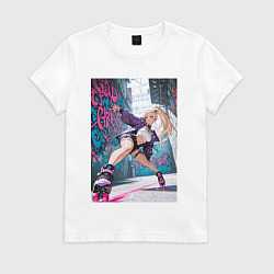 Футболка хлопковая женская Девушка на роликах исполняет трюки, цвет: белый