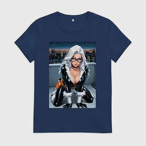 Женская футболка Черная кошка на крыше небоскреба / Тёмно-синий – фото 1