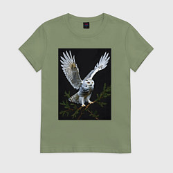 Футболка хлопковая женская Белая сова на дереве, цвет: авокадо