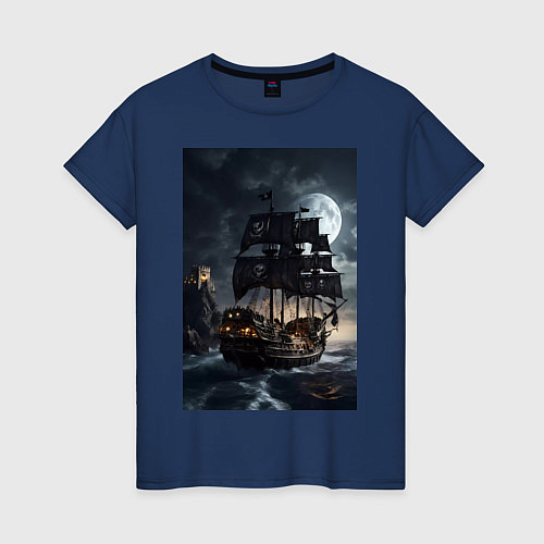 Женская футболка Пиратский корабль в шторм / Тёмно-синий – фото 1