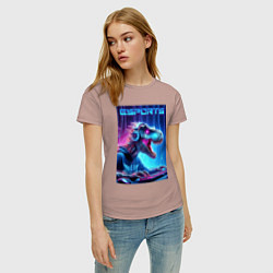 Футболка хлопковая женская Tyrannosaurus is esports player - neon glow, цвет: пыльно-розовый — фото 2