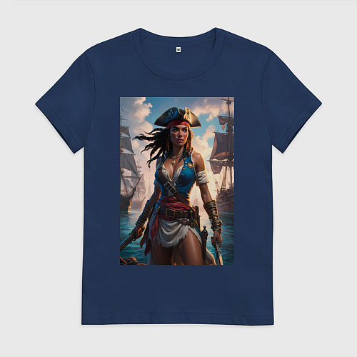Женская футболка Пиратка на фона флотилии кораблей / Тёмно-синий – фото 1