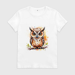 Футболка хлопковая женская Акварельная сова, цвет: белый