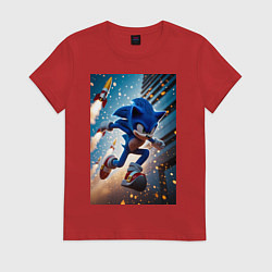 Футболка хлопковая женская Соник убегает от летящих ракет, цвет: красный
