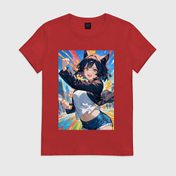 Футболка хлопковая женская Позитивная лисичка поднимающая настроение, цвет: красный