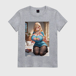 Футболка хлопковая женская Марин Китагава позирует на кровати, цвет: меланж
