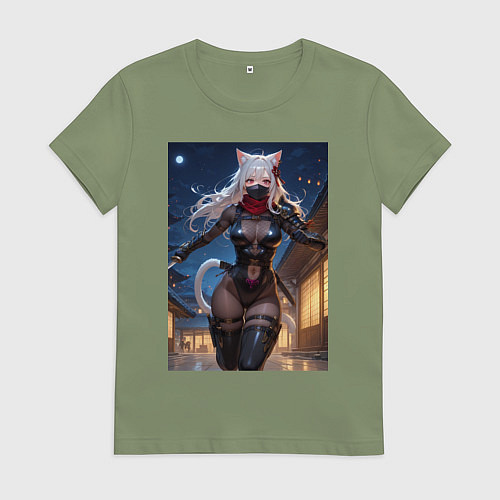 Женская футболка Кошка-ниндзя с ножами бежит в ночи / Авокадо – фото 1