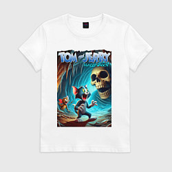 Футболка хлопковая женская Том и Джерри в пещере ужасов - хэллоуин, цвет: белый