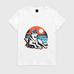 Женская футболка Хаски отдыхает на пляже