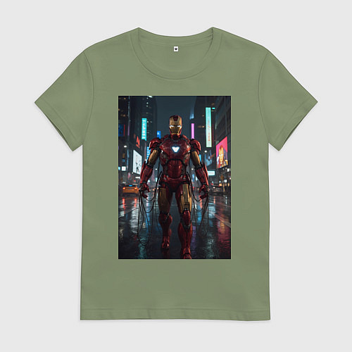 Женская футболка Железный человек посреди ночного города / Авокадо – фото 1