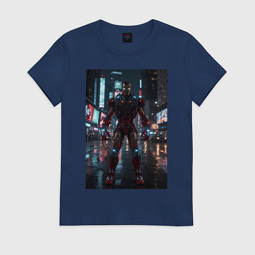 Женская футболка Железный человек посреди ночного города / Тёмно-синий – фото 1