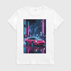 Футболка хлопковая женская Вишневый спорткар по мокрой дороге, цвет: белый